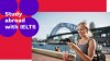 Girl looking at her phone while 'Study abroad with IELTS' text is in the upper left part of the image.